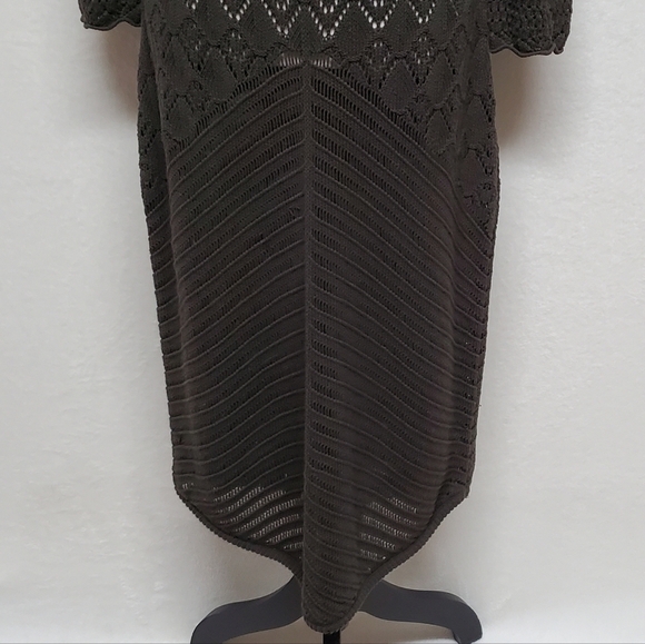 W by Worth Olive Green Open Crochet Knit Plunging Neckline Asymmetric Midi Dress - Picture 7 of 14